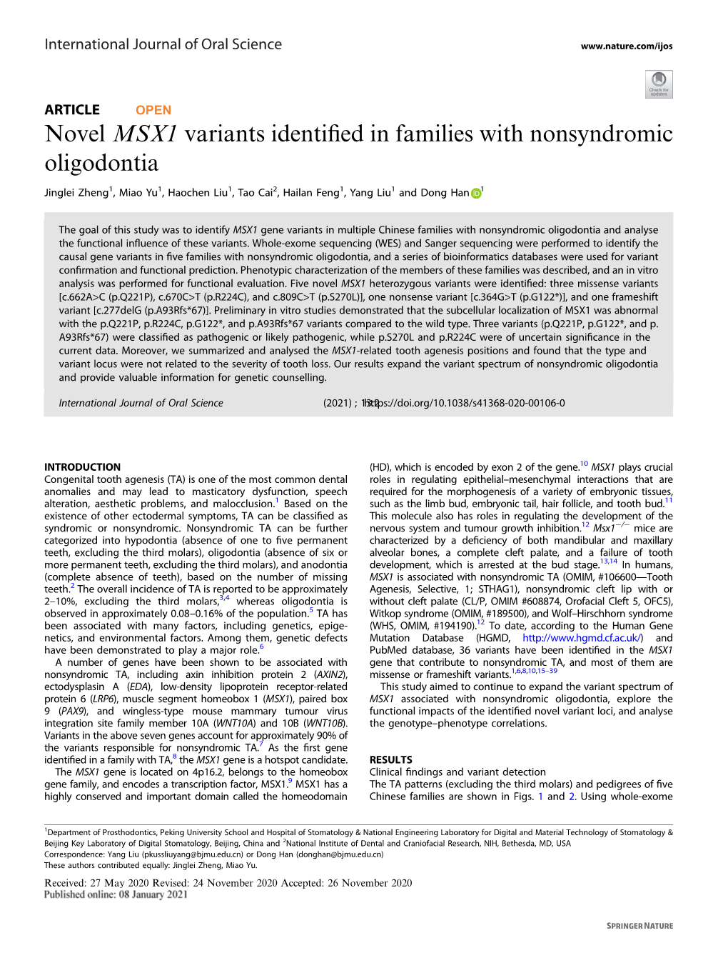 Novel MSX1 Variants Identified in Families with Nonsyndromic