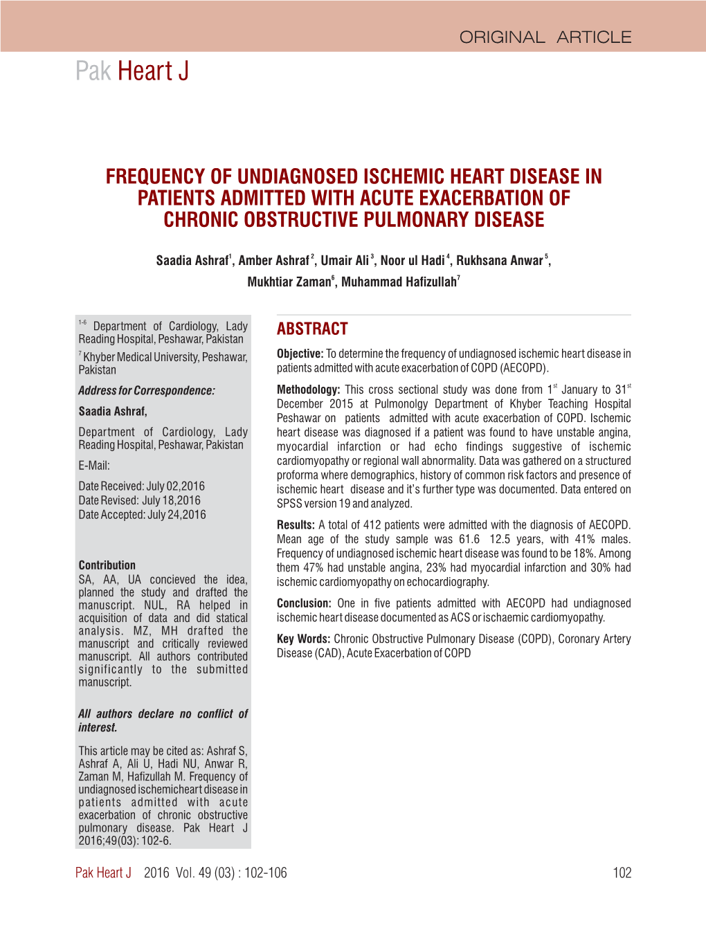 Frequency of Undiagnosed Ischemic Heart Disease in Patients Admitted with Acute Exacerbation of Chronic Obstructive Pulmonary Disease