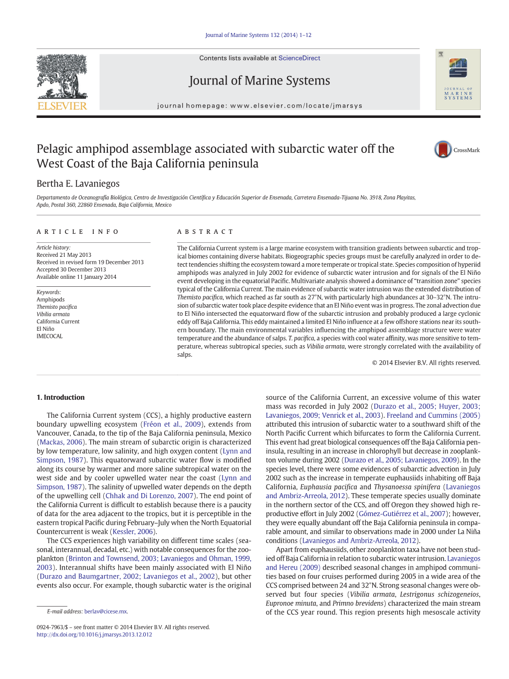 Pelagic Amphipod Assemblage Associated with Subarctic Water Off the West Coast of the Baja California Peninsula