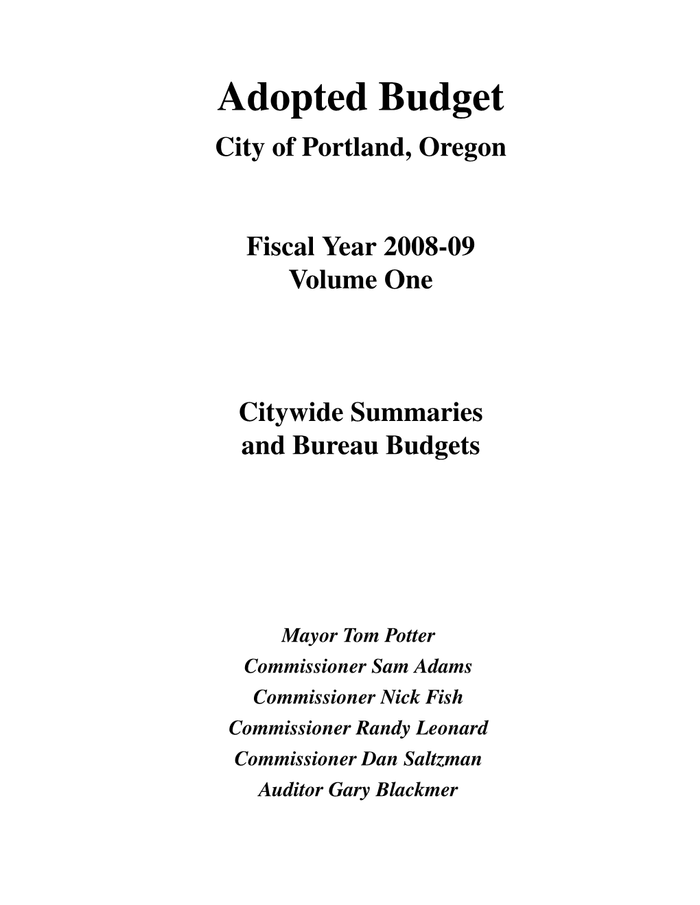 Adopted Budget City of Portland, Oregon