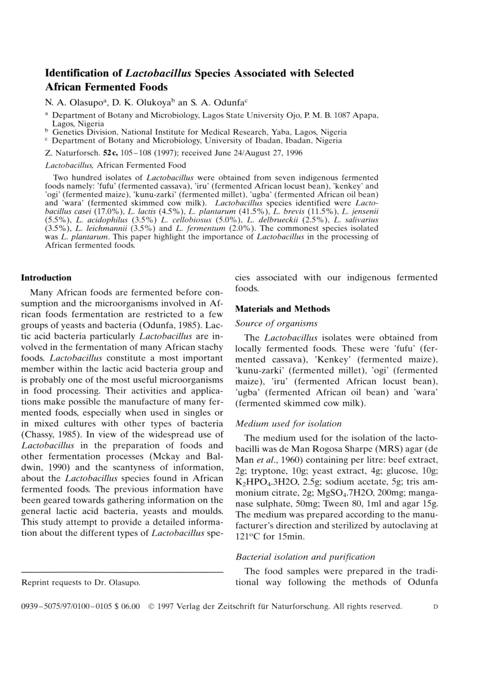 Identification of Lactobacillus Species Associated with Selected African Fermented Foods N