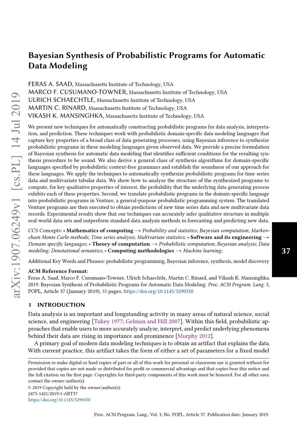 Bayesian Synthesis of Probabilistic Programs for Automatic Data Modeling