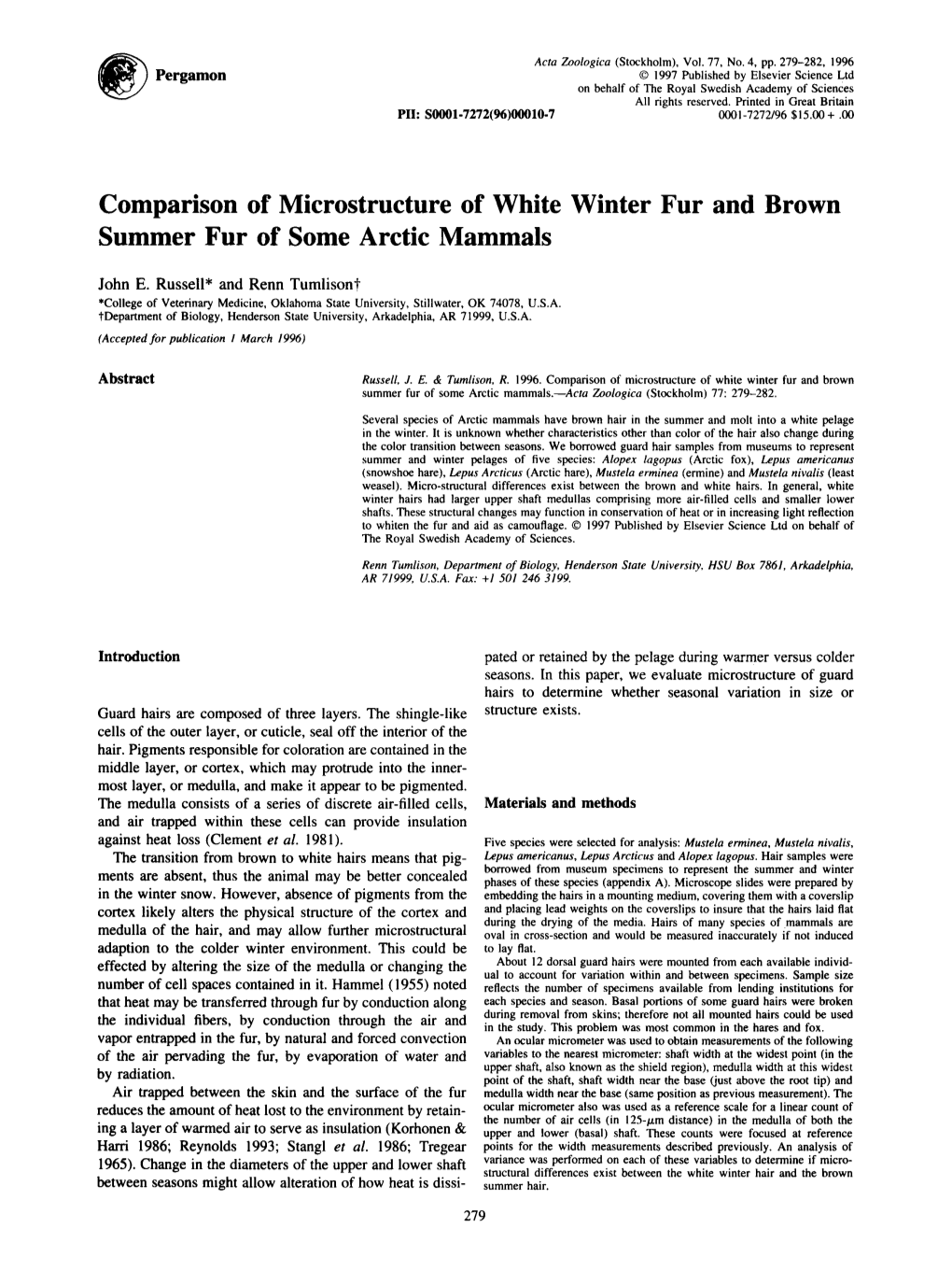 Comparison of Microstructure of White Winter Fur and Brown Summer Fur of Some Arctic Mammals