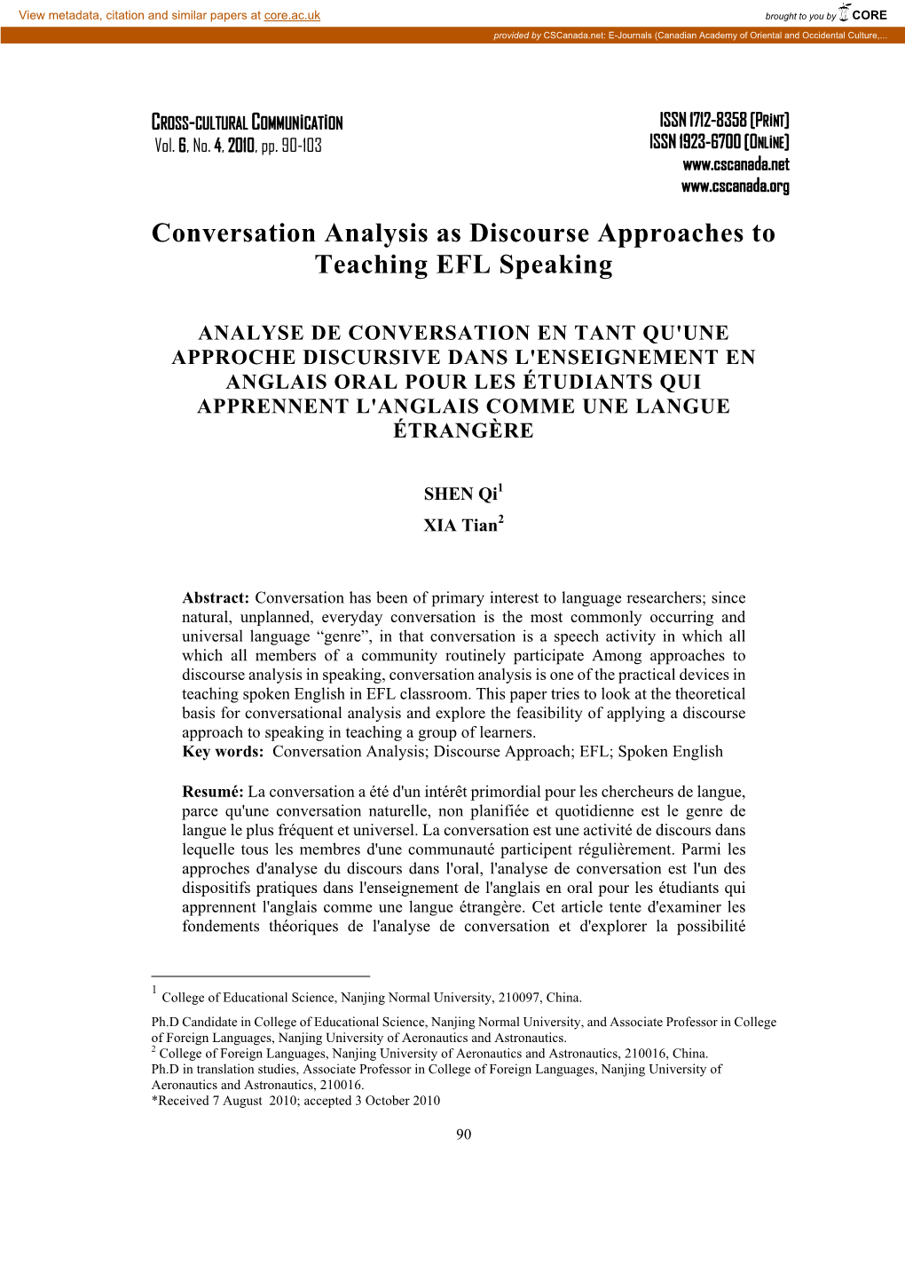 Conversation Analysis As Discourse Approaches to Teaching EFL Speaking