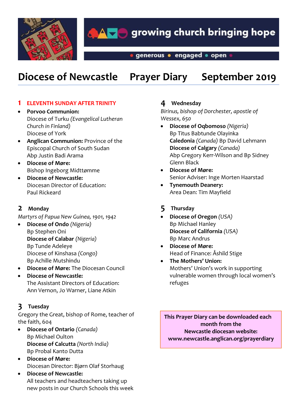 Diocese of Newcastle Prayer Diary September 2019