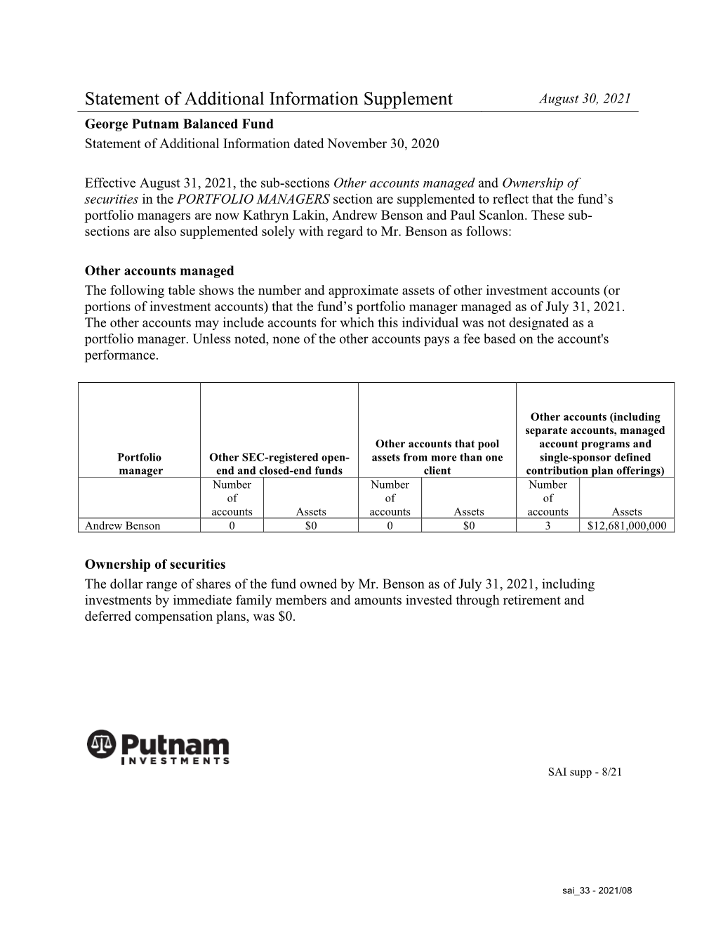 Statement of Additional Information Supplement July 30, 2021