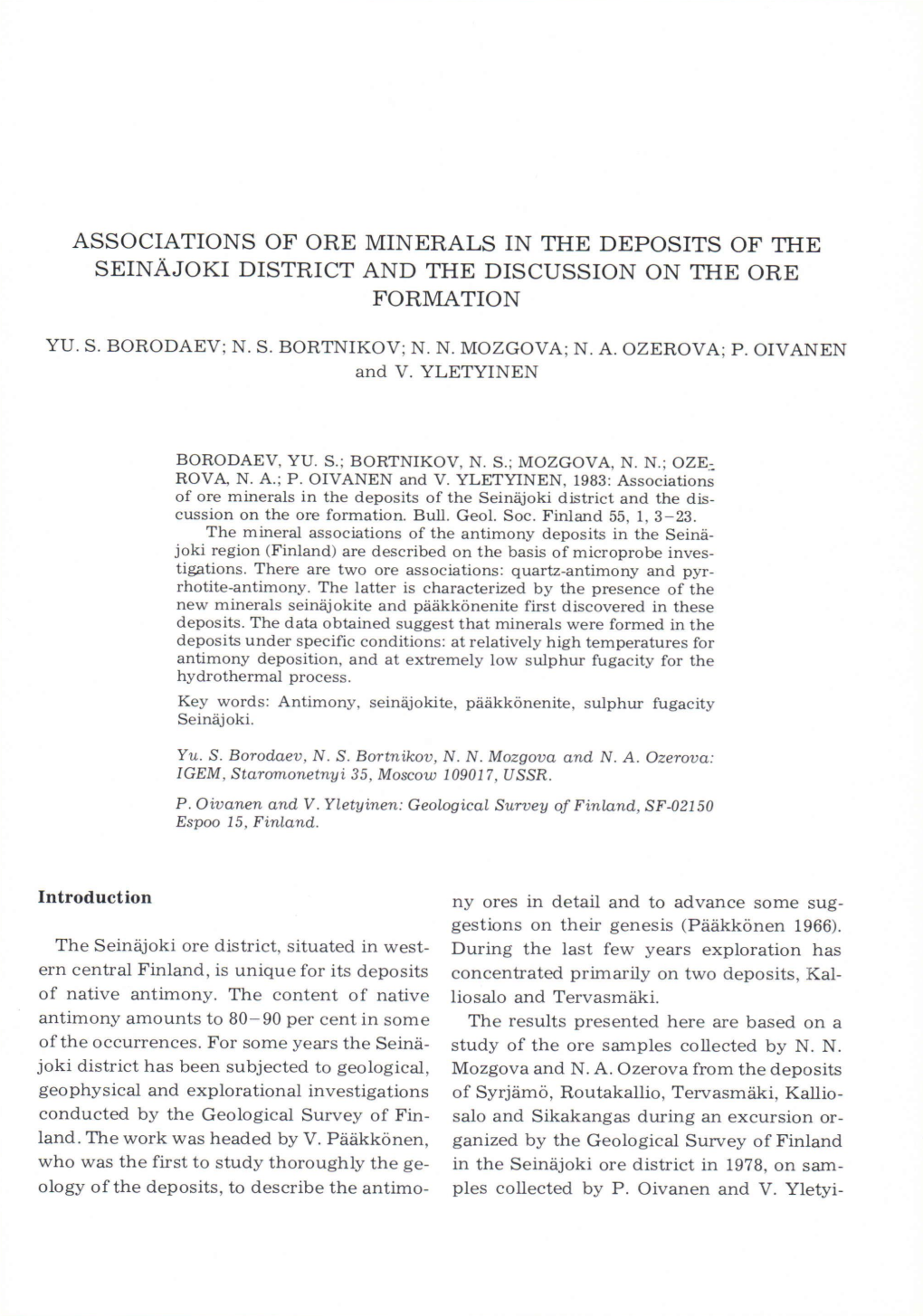 Associations of Ore Minerals in the Deposits of the Seinäjoki District and the Discussion on the Ore Formation