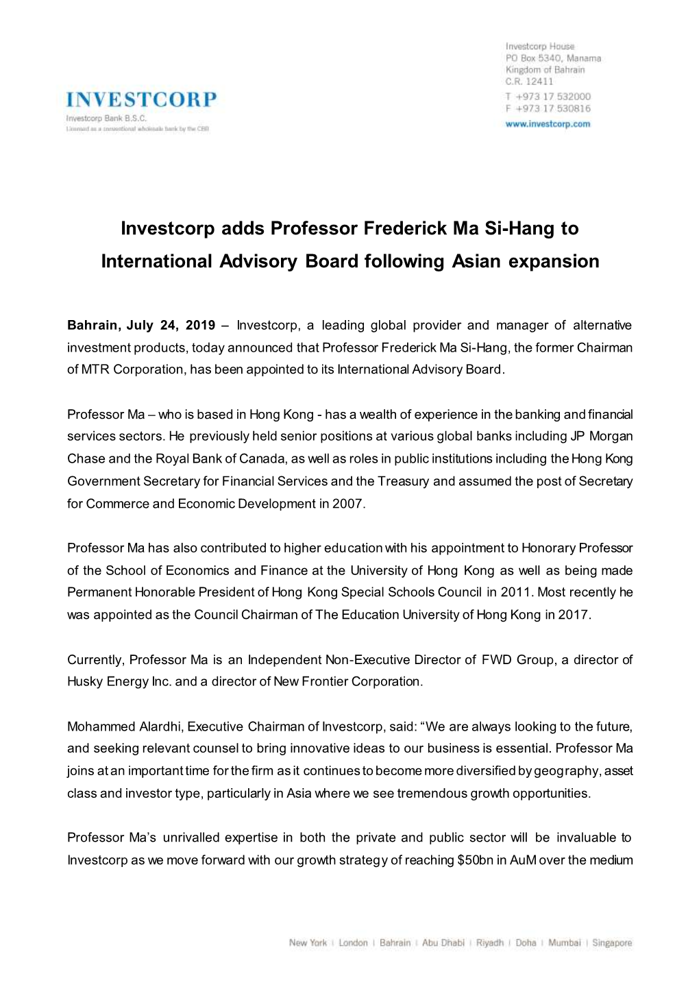 Investcorp Adds Professor Frederick Ma Si-Hang to International Advisory Board Following Asian Expansion
