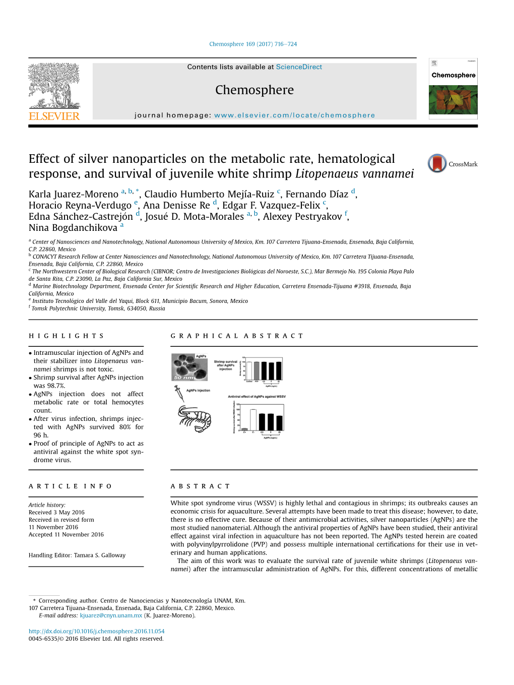 Effect of Silver Nanoparticles on the Metabolic Rate, Hematological Response, and Survival of Juvenile White Shrimp Litopenaeus Vannamei