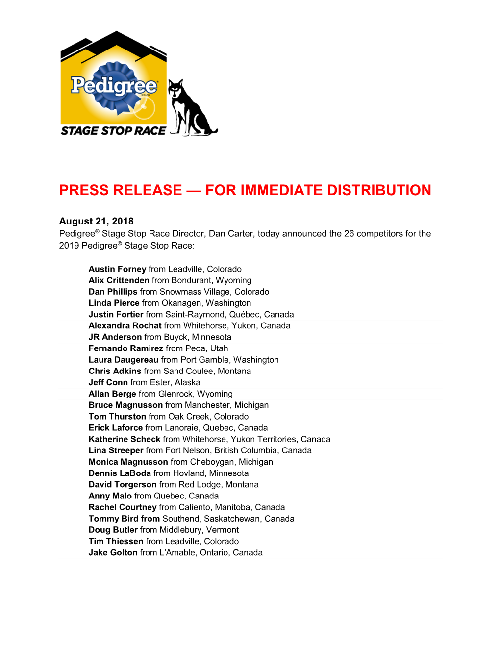 Press Release — for Immediate Distribution