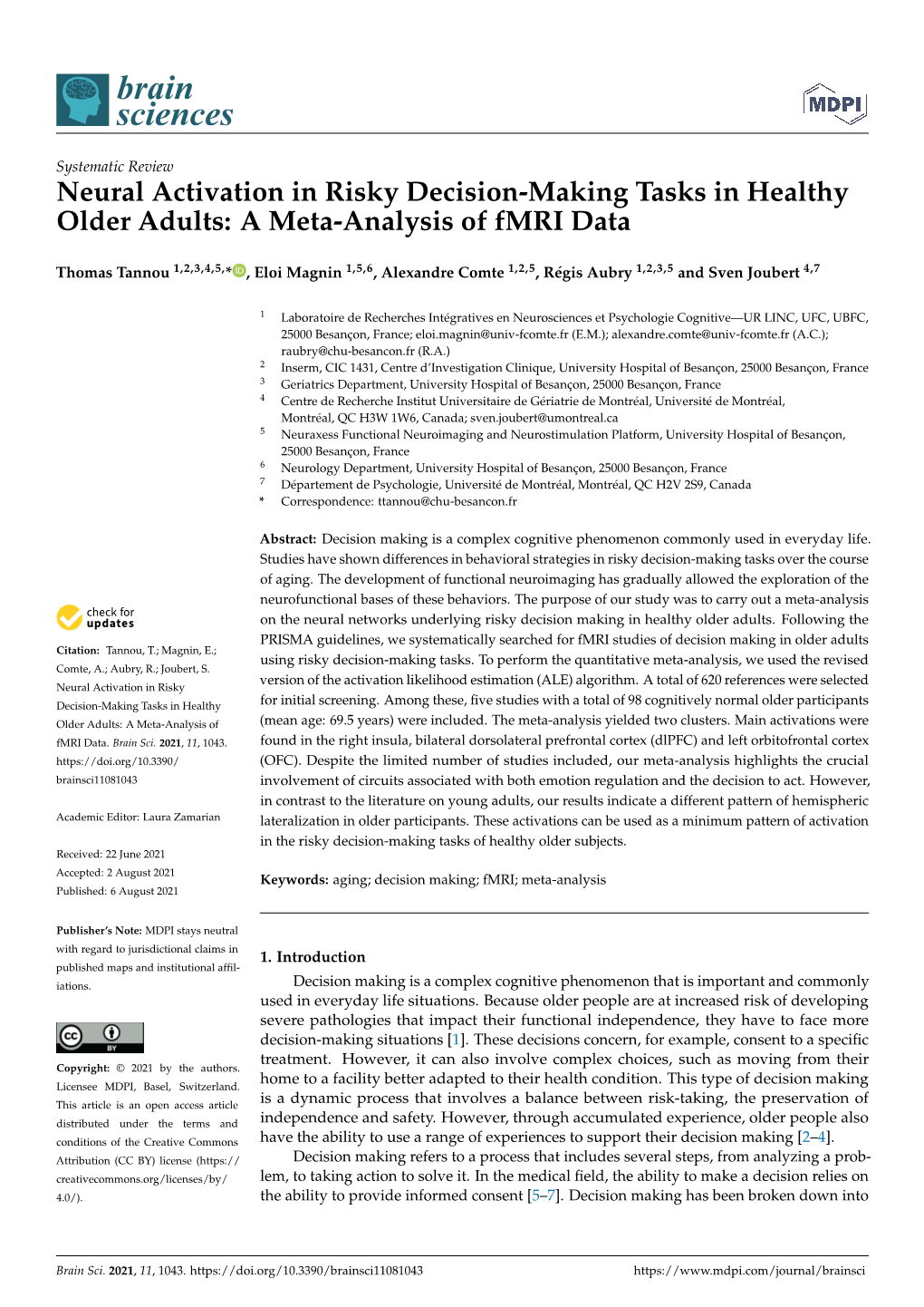 Neural Activation in Risky Decision-Making Tasks in Healthy Older Adults: a Meta-Analysis of Fmri Data