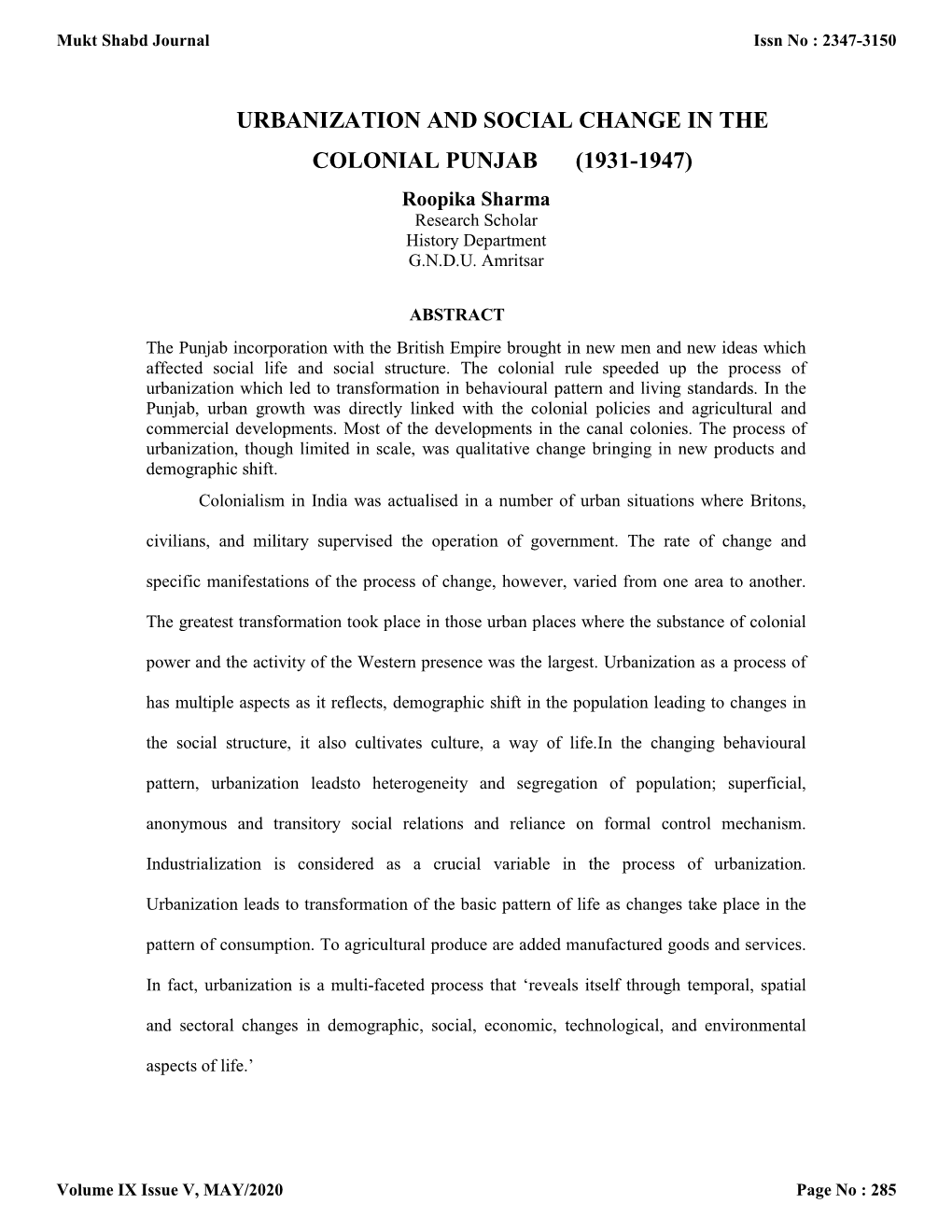 URBANIZATION and SOCIAL CHANGE in the COLONIAL PUNJAB (1931-1947) Roopika Sharma Research Scholar History Department G.N.D.U