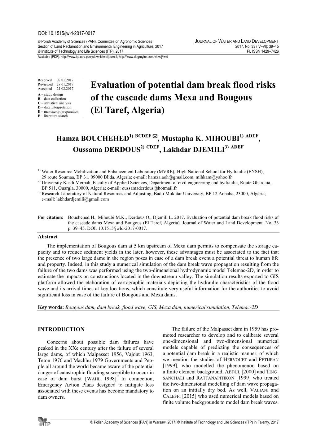 Evaluation of Potential Dam Break Flood Risks of the Cascade Dams Mexa and Bougous (El Taref, Algeria)