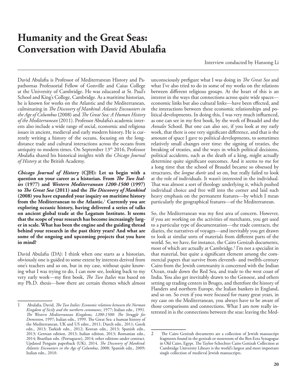 Conversation with David Abulafia Interview Conducted by Hansong Li