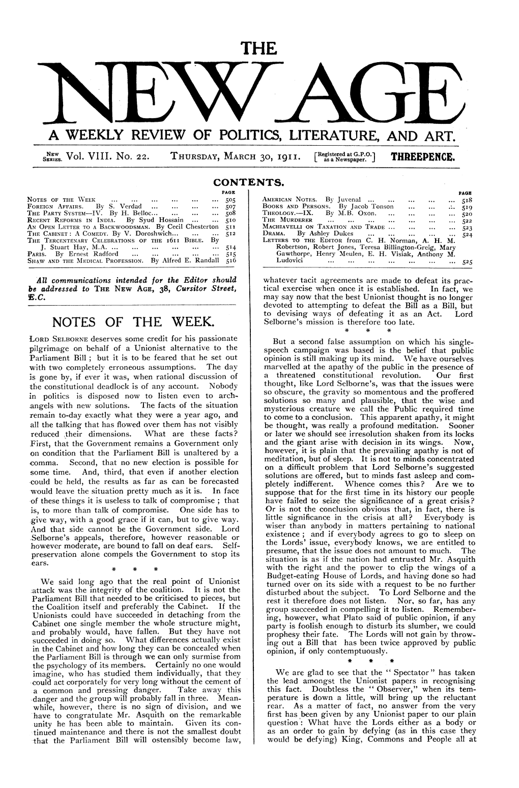 New Age, Vol. 8, No.22, Mar.30, 1911