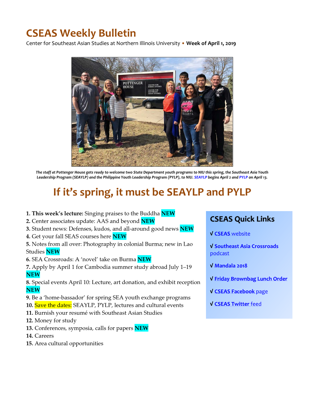 CSEAS Weekly Bulletin If It's Spring, It Must Be SEAYLP and PYLP