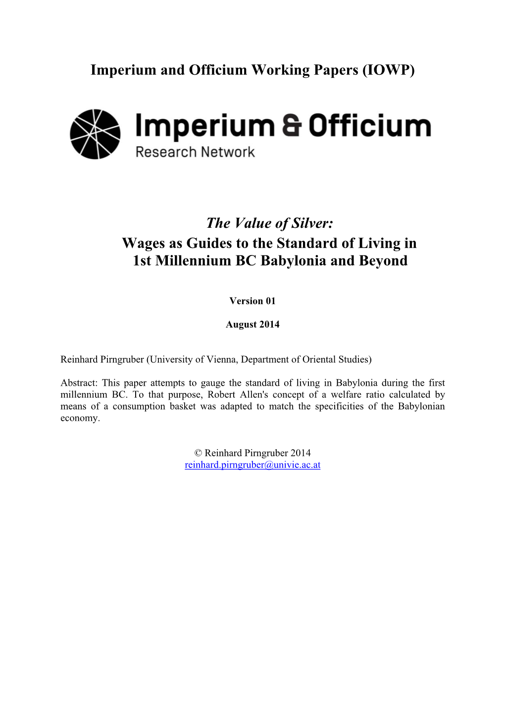 Imperium and Officium Working Papers (IOWP) the Value of Silver