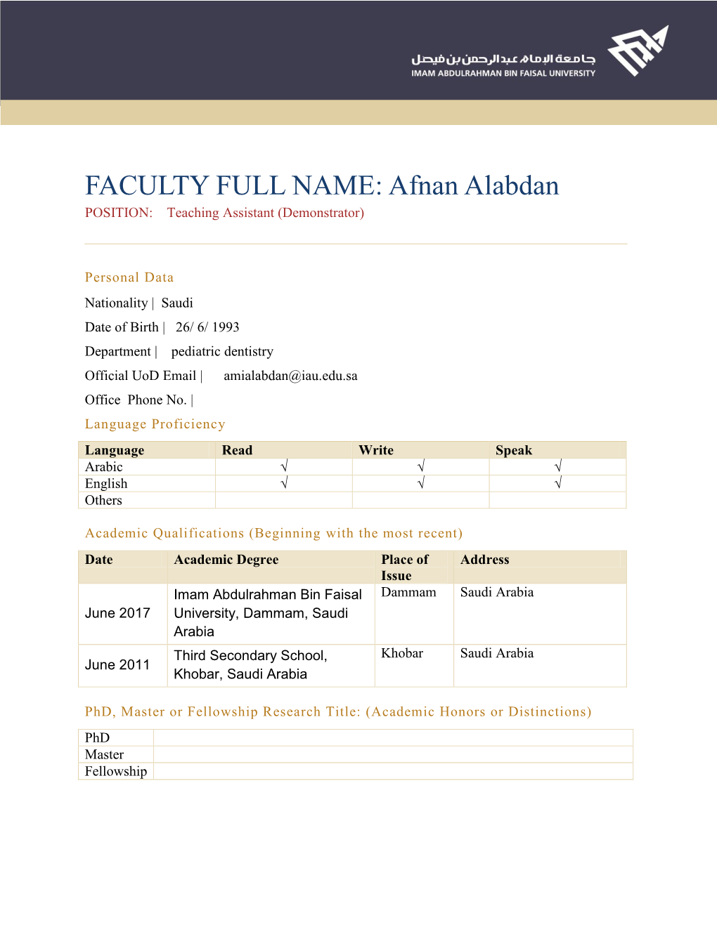 Afnan Alabdan POSITION: Teaching Assistant (Demonstrator)