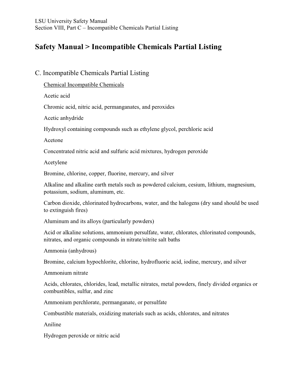 Safety Manual > Incompatible Chemicals Partial Listing