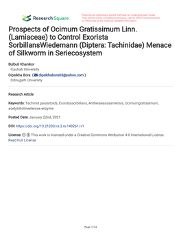 Prospects of Ocimum Gratissimum Linn. (Lamiaceae) to Control Exorista Sorbillanswiedemann (Diptera: Tachinidae) Menace of Silkworm in Seriecosystem