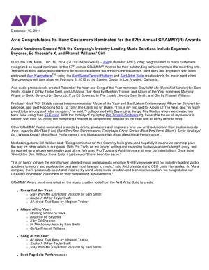 Avid Congratulates Its Many Customers Nominated for the 57Th Annual GRAMMY(R) Awards