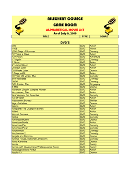 ALLEGHENY COLLEGE GAME ROOM ALPHABETICAL MOVIE LIST As of July 9, 2019 TITLE TYPE GENRE
