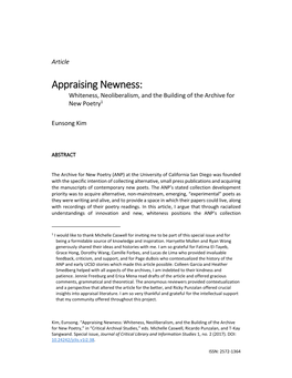 Appraising Newness: Whiteness, Neoliberalism, and the Building of the Archive for New Poetry1