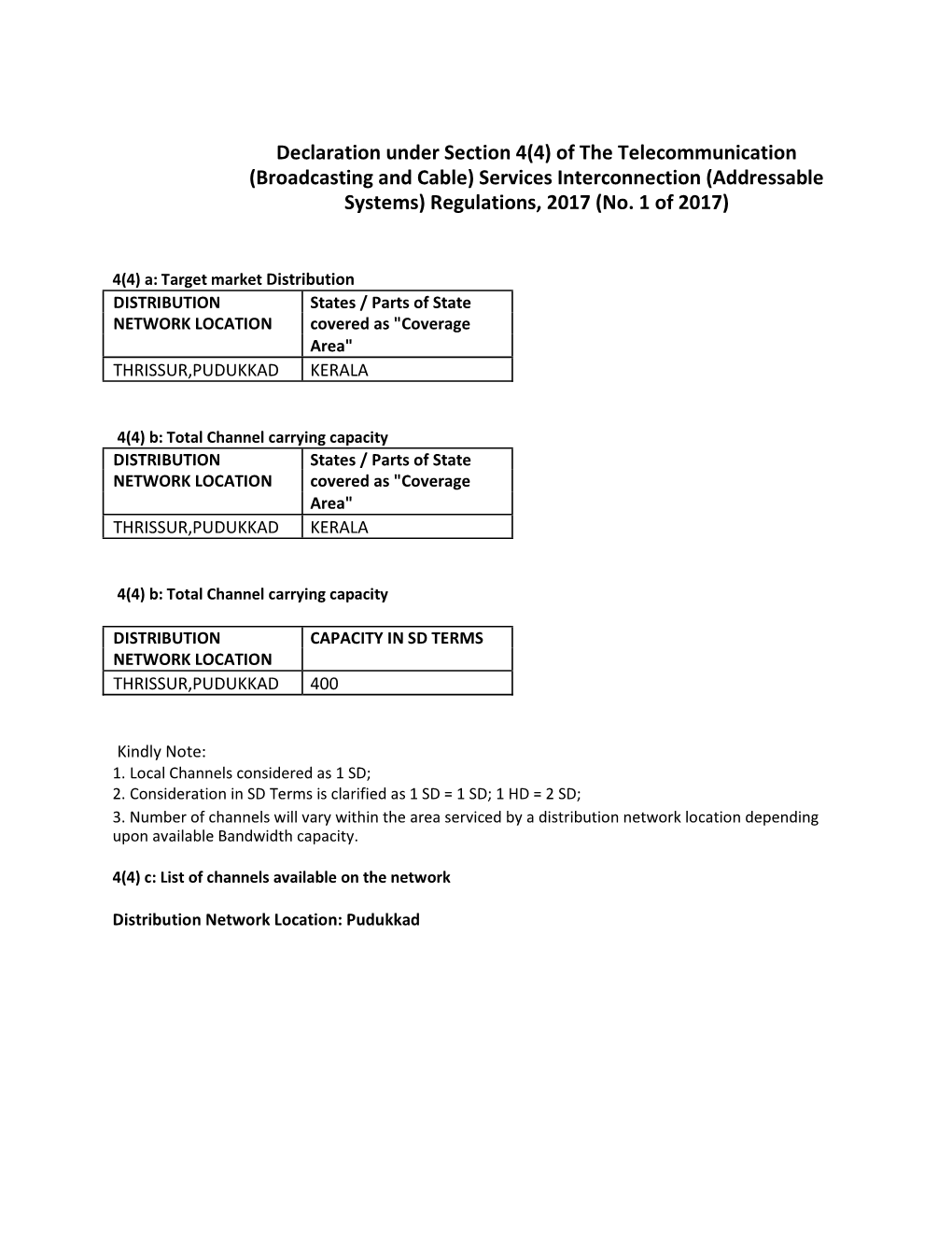 Declaration Under Section 4(4) of the Telecommunication (Broadcasting and Cable) Services Interconnection (Addressable Systems) Regulations, 2017 (No