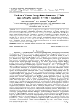 The Role of Chinese Foreign Direct Investment (FDI) in Accelerating the Economic Growth of Bangladesh