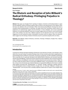 The Rhetoric and Reception of John Milbank's Radical Orthodoxy