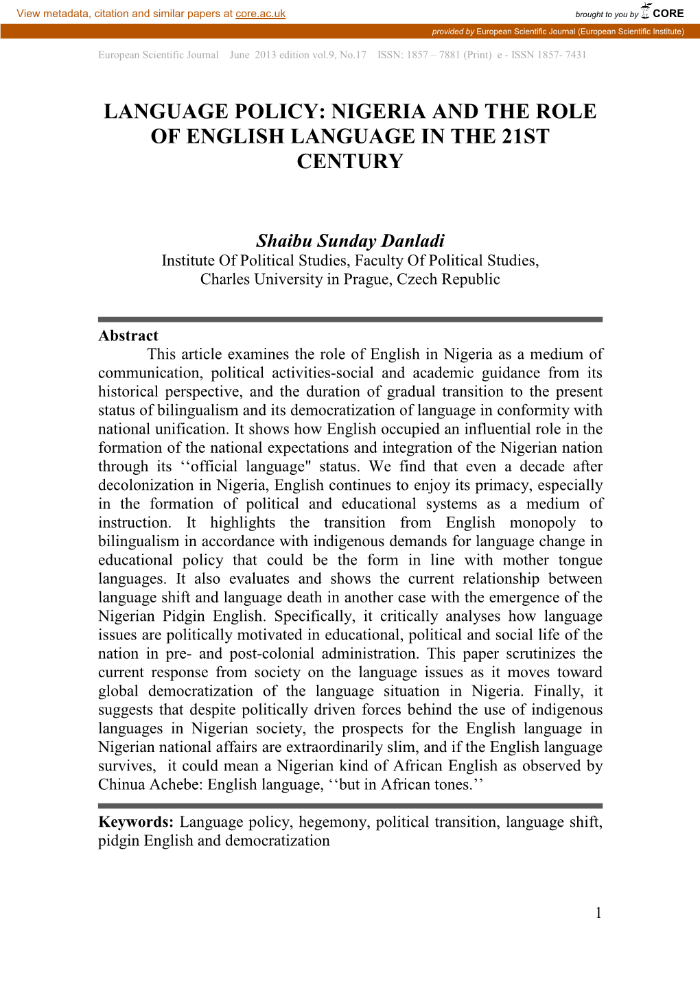 Language Policy: Nigeria and the Role of English Language in the 21St Century