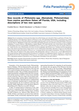 New Records of Philometra Spp. (Nematoda: Philometridae) from Marine Perciform Fishes Off Florida, USA, Including Descriptions of Two New Species