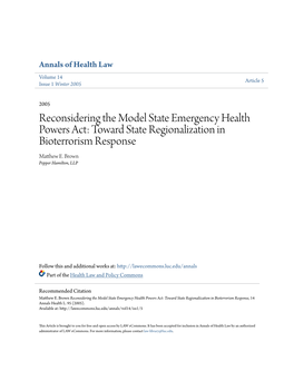 Reconsidering the Model State Emergency Health Powers Act: Toward State Regionalization in Bioterrorism Response Matthew E