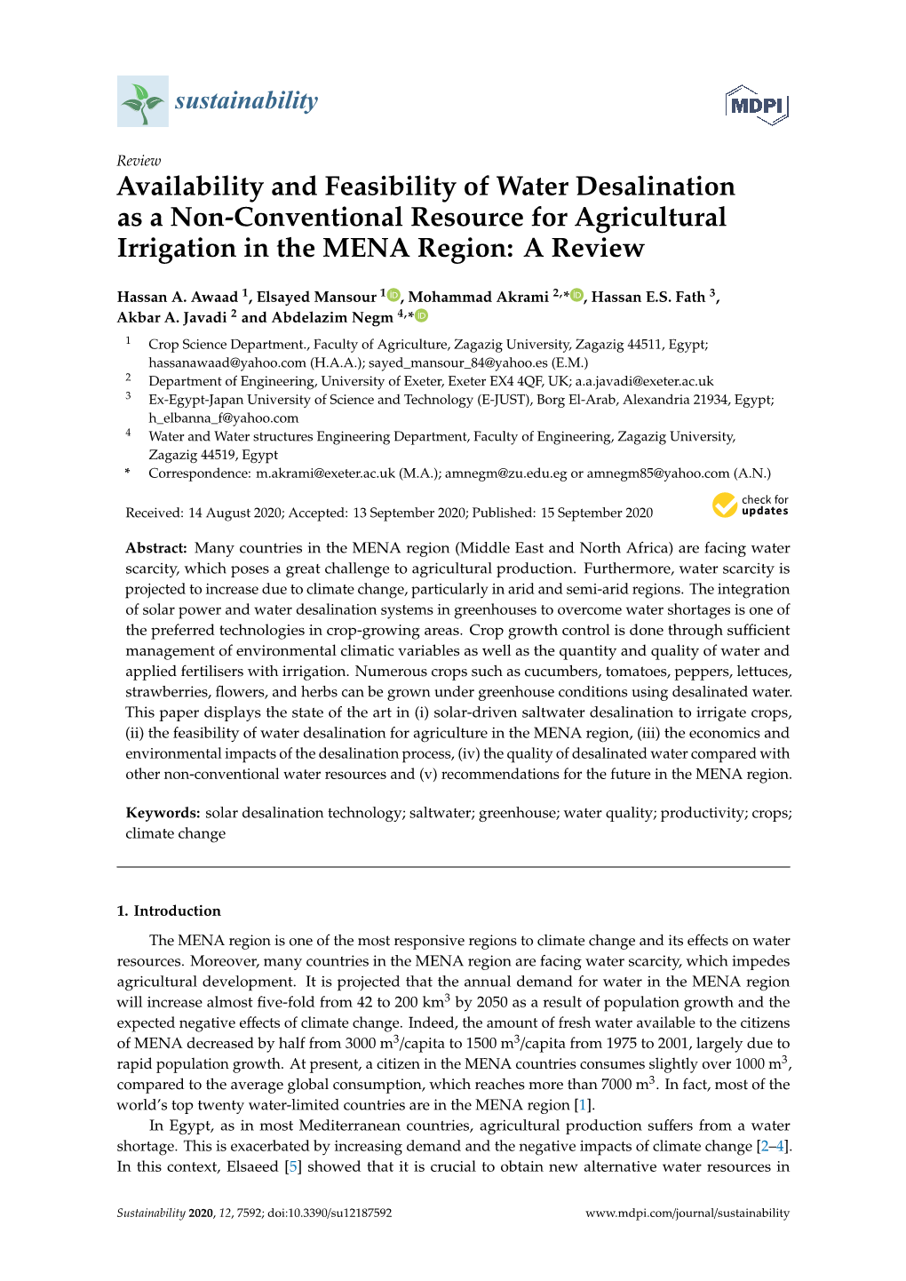 Availability and Feasibility of Water Desalination As a Non-Conventional Resource for Agricultural Irrigation in the MENA Region: a Review