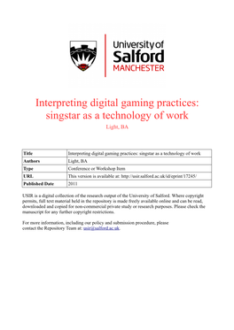Interpreting Digital Gaming Practices: Singstar As a Technology of Work Light, BA