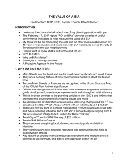 THE VALUE of a BIA Paul Bedford FCIP, RPP, Former Toronto Chief Planner INTRODUCTION