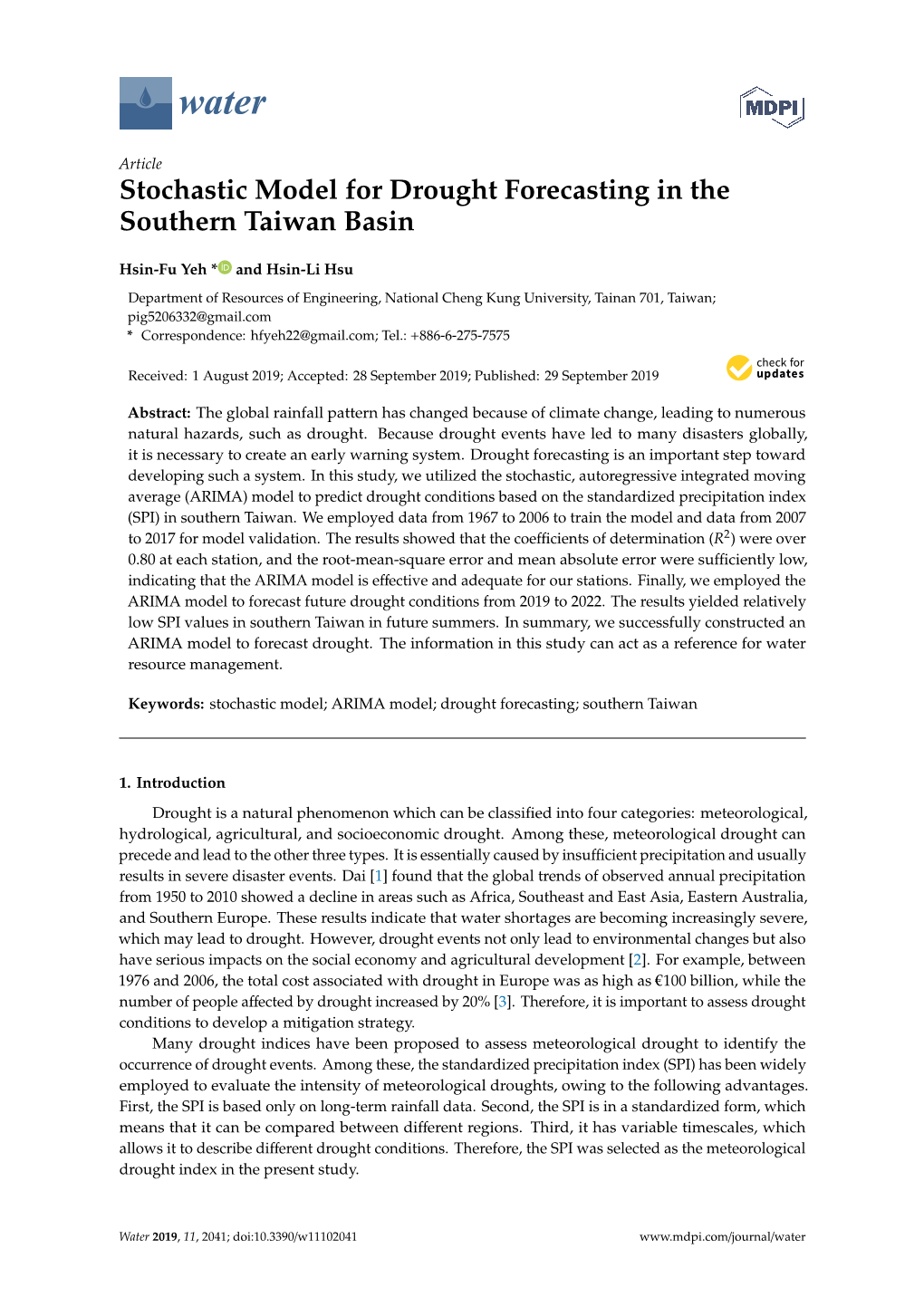 Stochastic Model for Drought Forecasting in the Southern Taiwan Basin