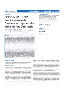 Escherichia Coli O157:H7, Genetics Assessments, Prevalence and Importance for Health and Food Chain Supply