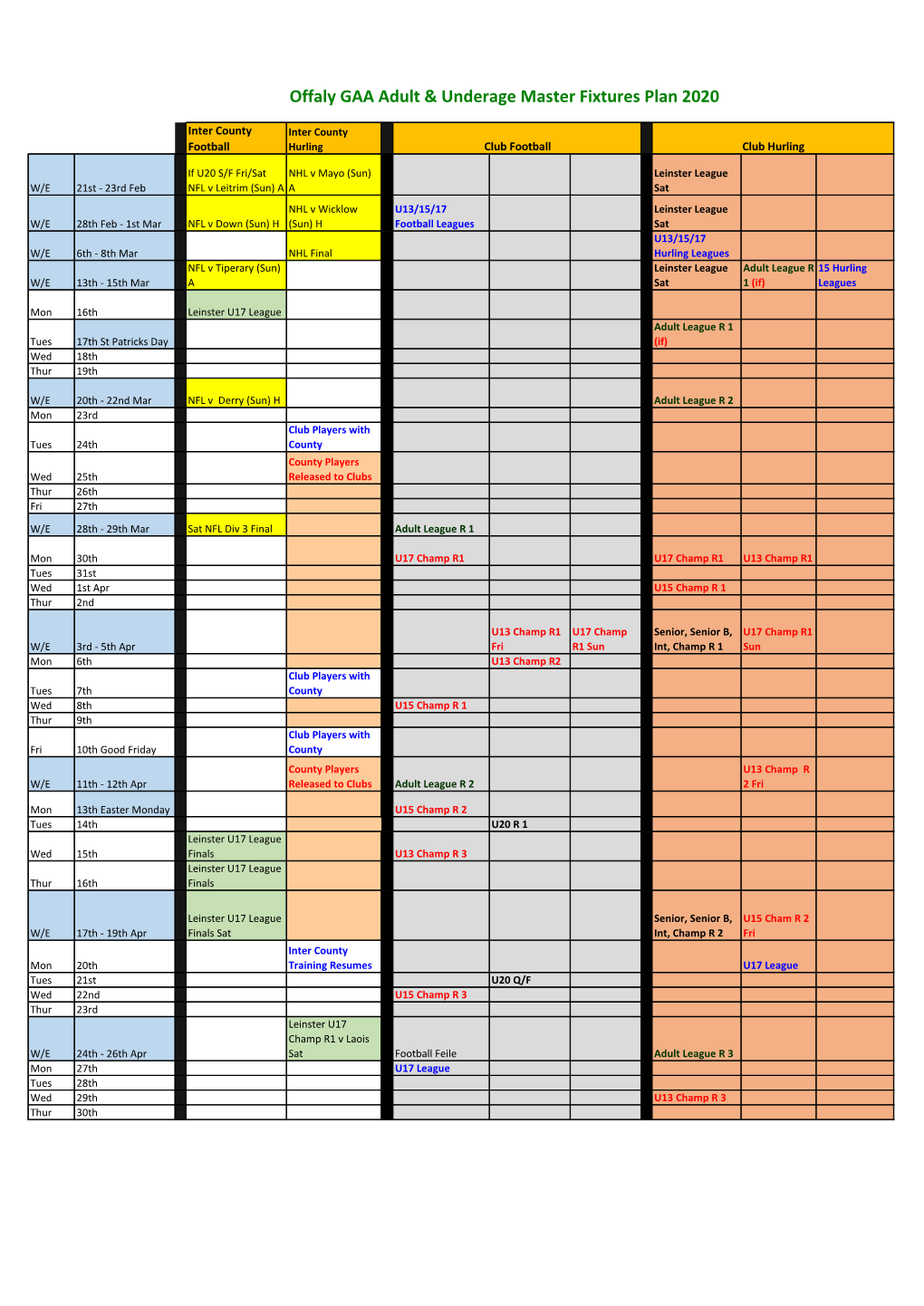 Offaly GAA Adult & Underage Master Fixtures Plan 2020