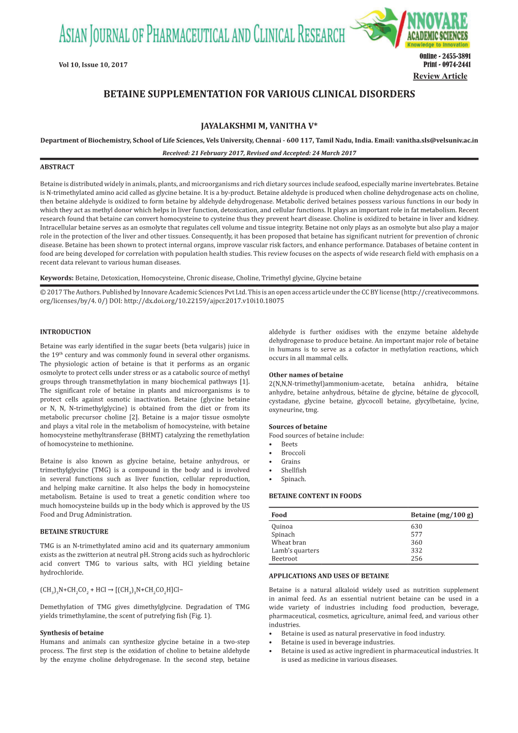 Betaine Supplementation for Various Clinical Disorders