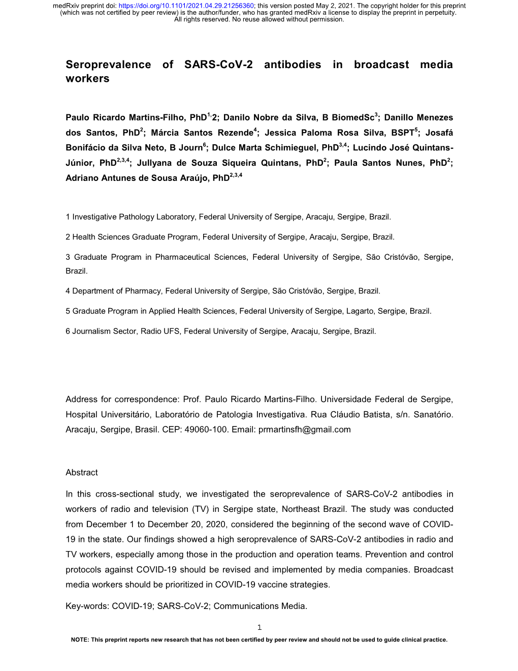 Seroprevalence of SARS-Cov-2 Antibodies in Broadcast Media Workers