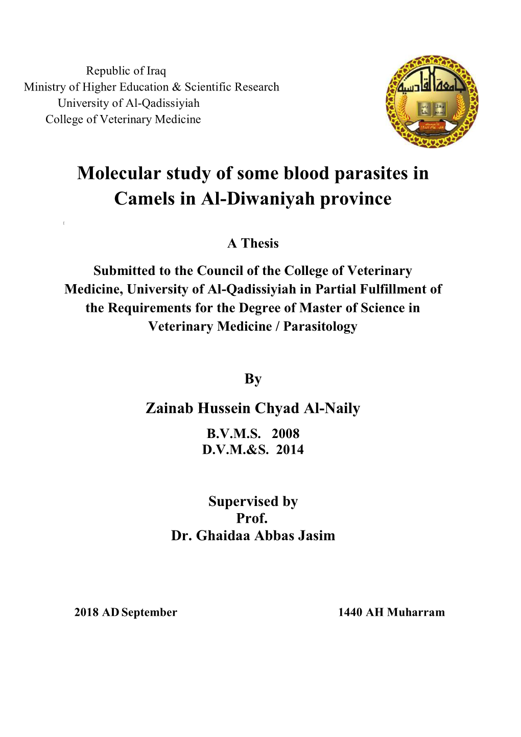 Molecular Study of Some Blood Parasites in Camels in Al-Diwaniyah Province