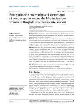 Family Planning Knowledge and Current Use of Contraception Among the Mru Indigenous Women in Bangladesh: a Multivariate Analysis