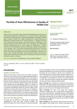 The Role of Team Effectiveness in Quality of Health Care