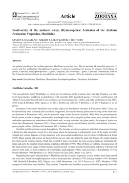 Biodiversity of the Aculeate Wasps (Hymenoptera: Aculeata) of the Arabian Peninsula: Vespoidea, Mutillidae