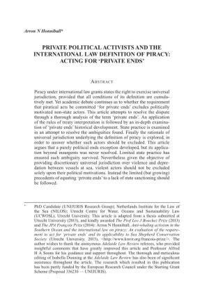 Private Political Activists and the International Law Definition of Piracy: Acting for ‘Private Ends’