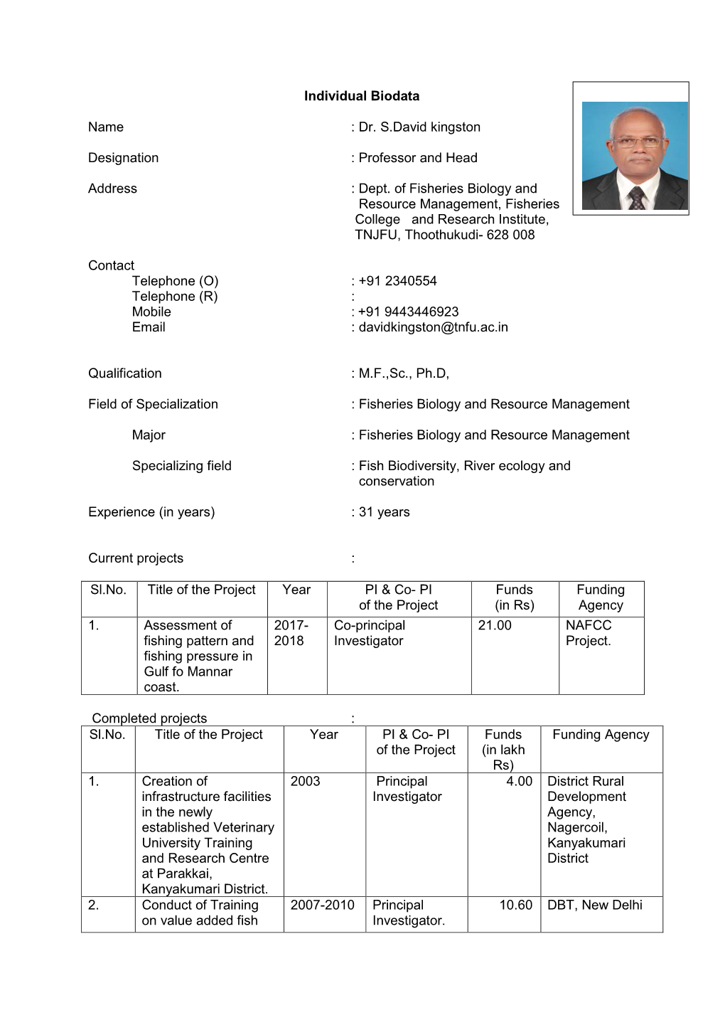 Individual Biodata Name : Dr. S.David Kingston Designation