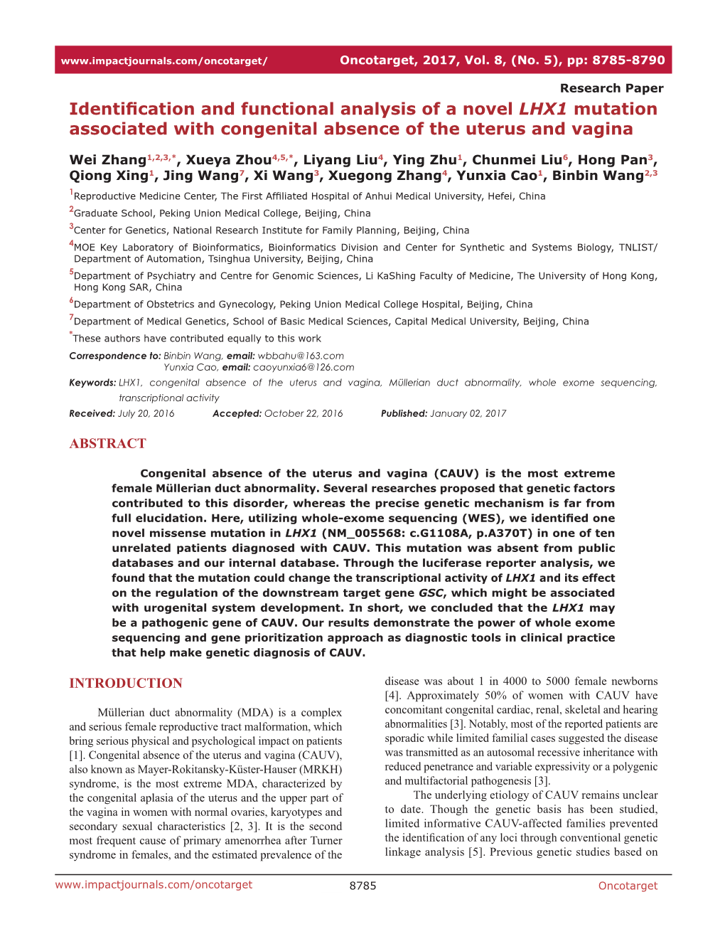 Identification and Functional Analysis of a Novel LHX1 Mutation Associated with Congenital Absence of the Uterus and Vagina