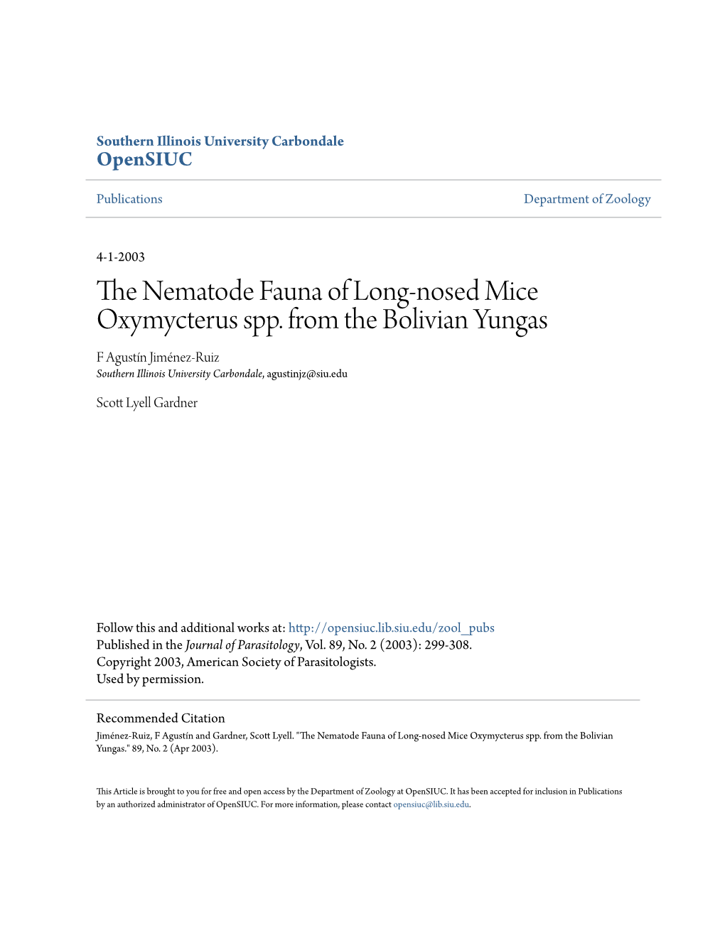 The Nematode Fauna of Long-Nosed Mice Oxymycterus Spp. from the Bolivian Yungas