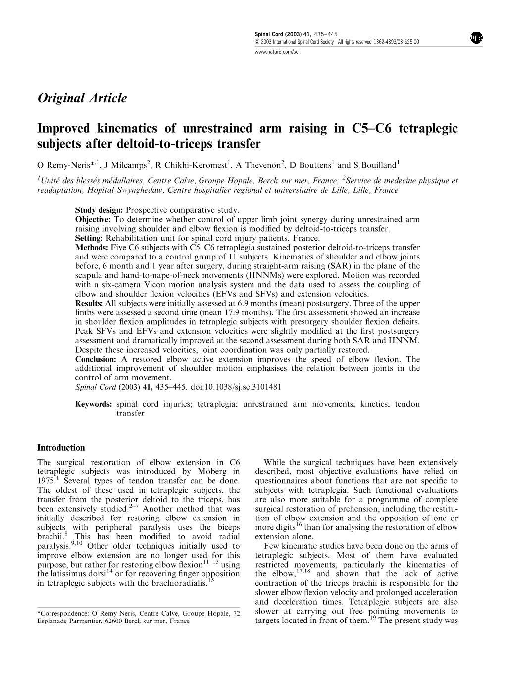 Original Article Improved Kinematics of Unrestrained Arm Raising in C5–C6